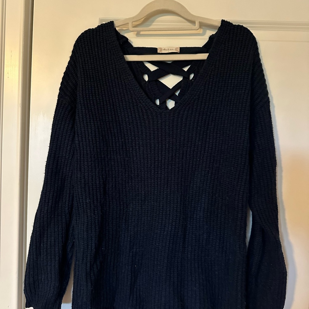 Navy V-Neck Sweater with Crisscross Detail